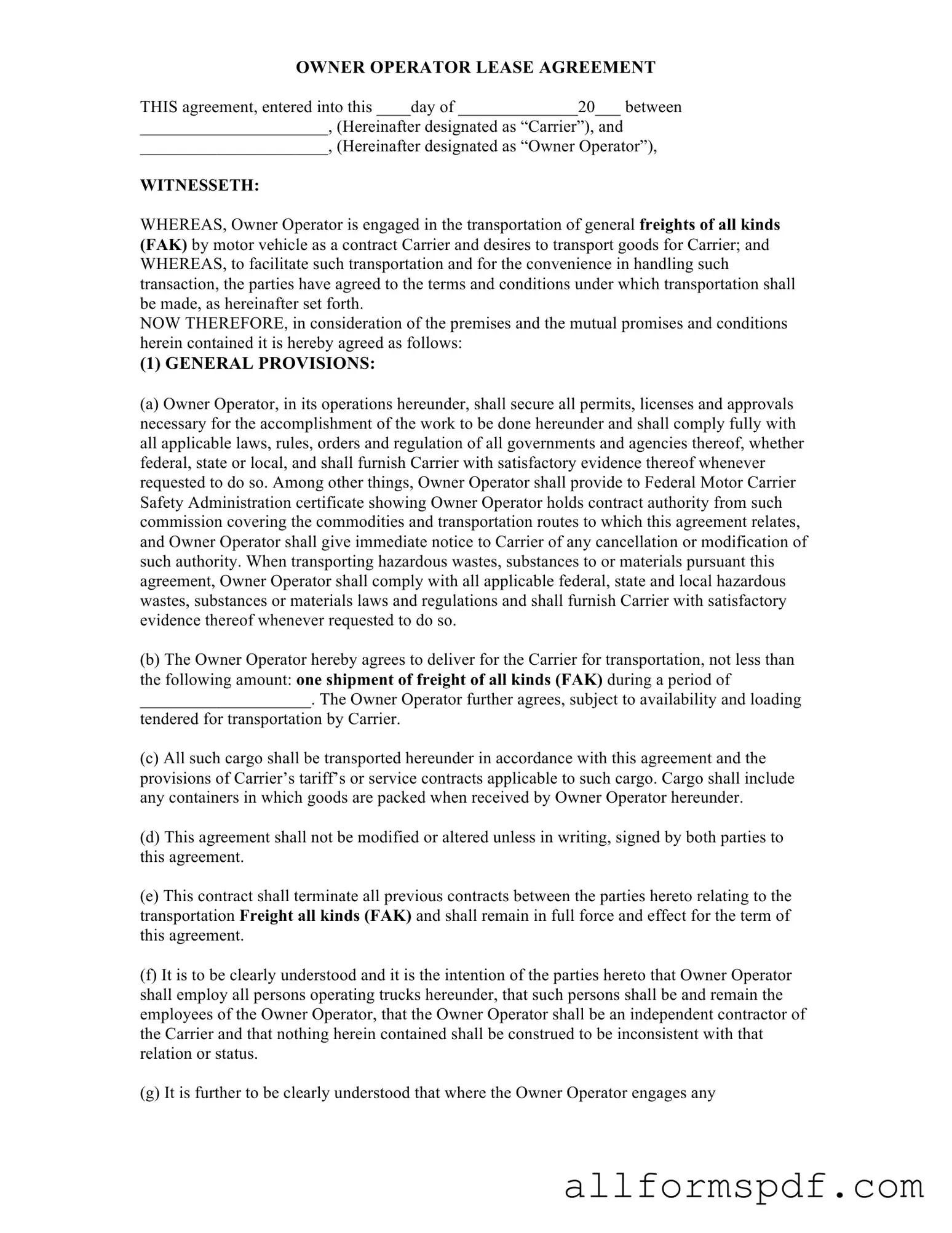 Fill Out Your Owner Operator Lease Agreement Form