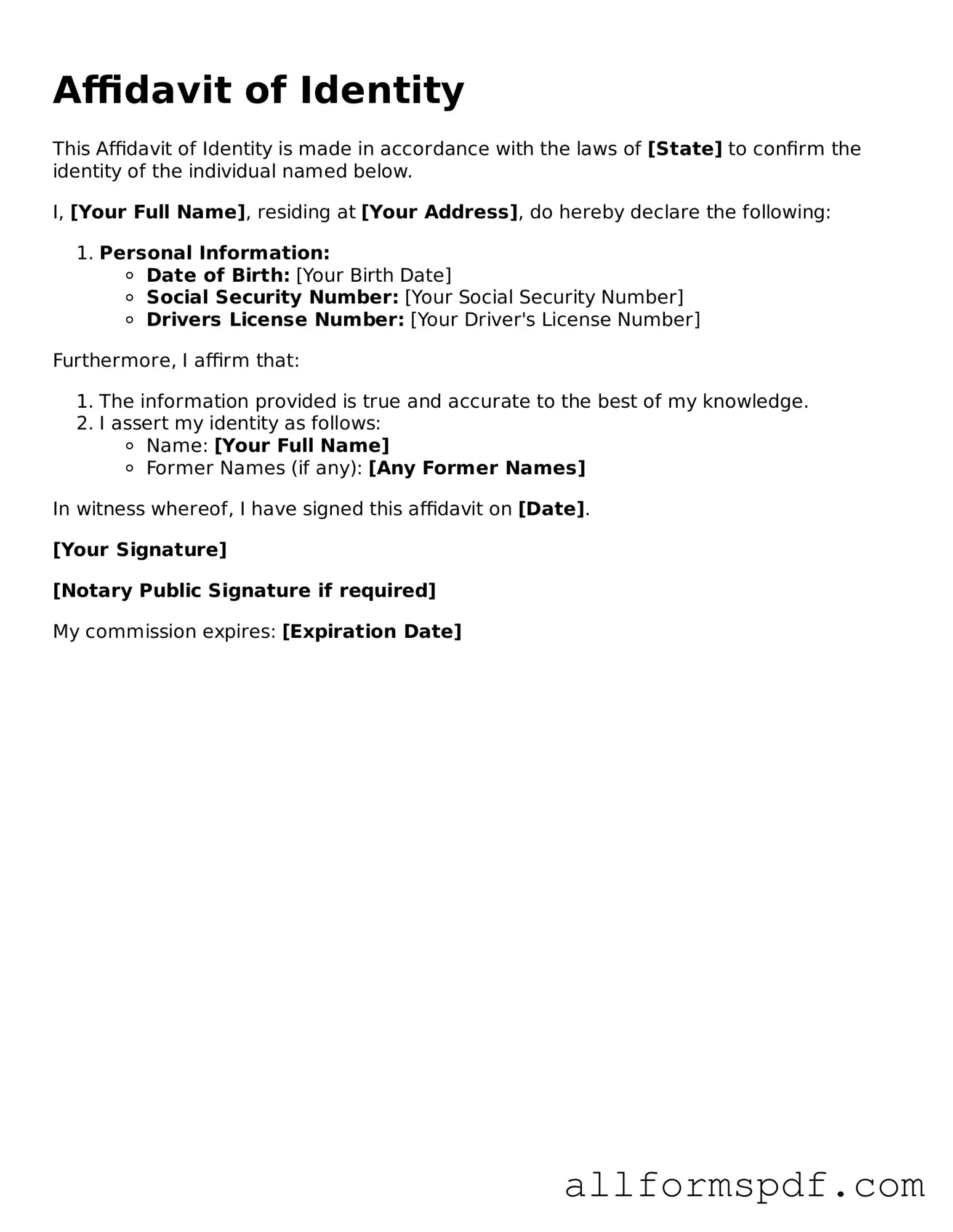 Printable Affidavit of Identity Form