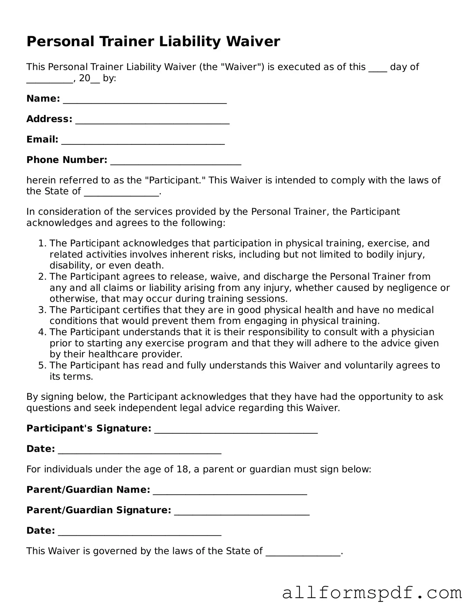 Printable Personal Trainer Liability Waiver Form