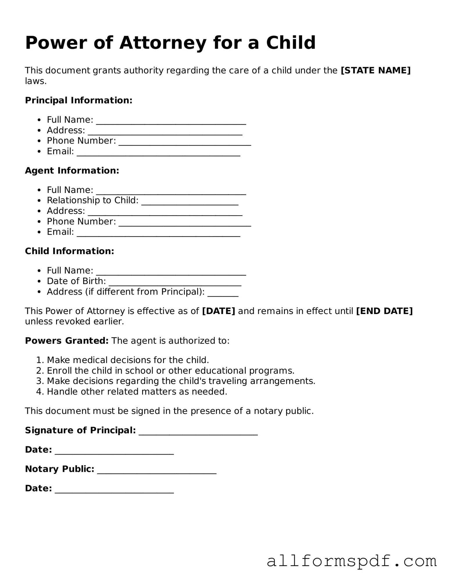 Printable Power of Attorney for a Child Form