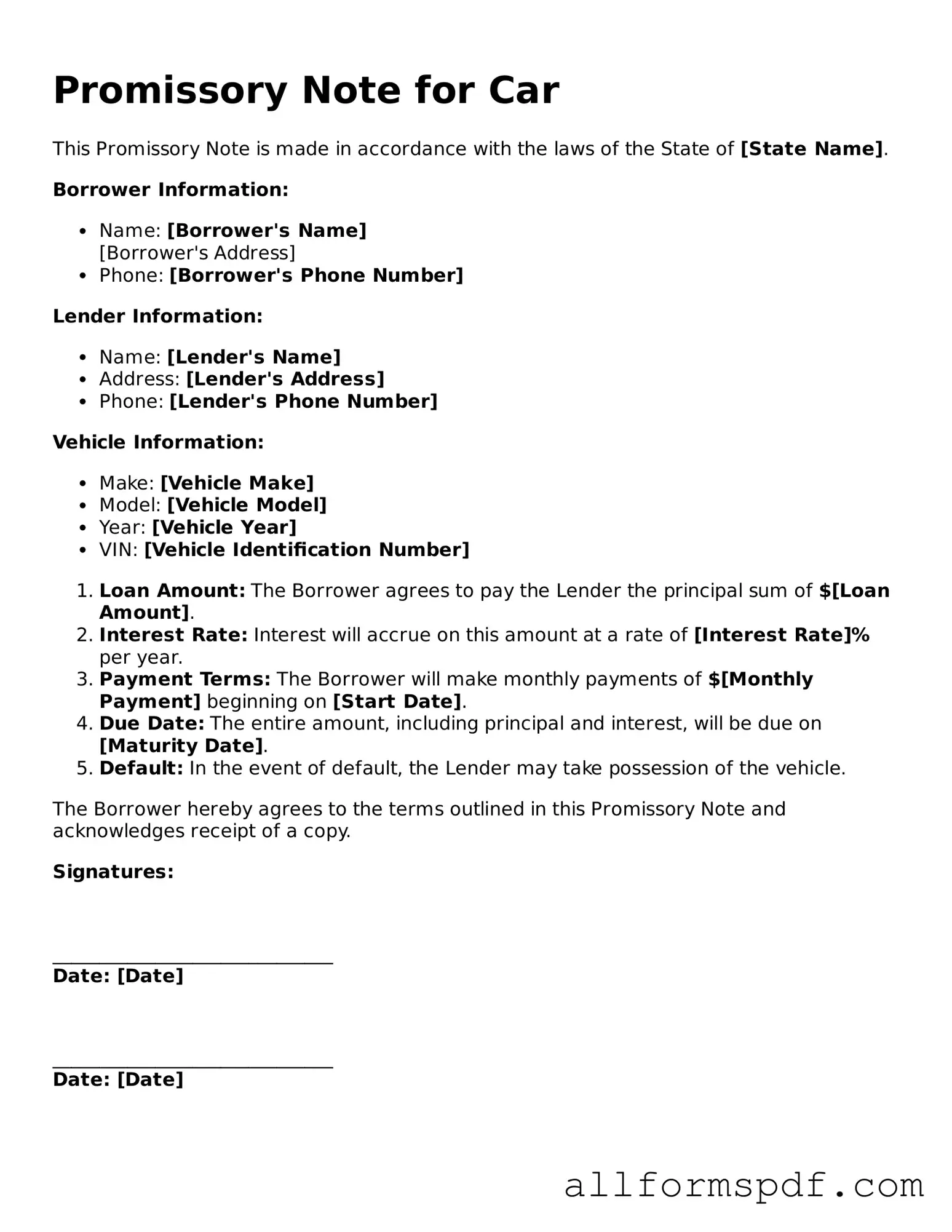 Printable Promissory Note for a Car Form
