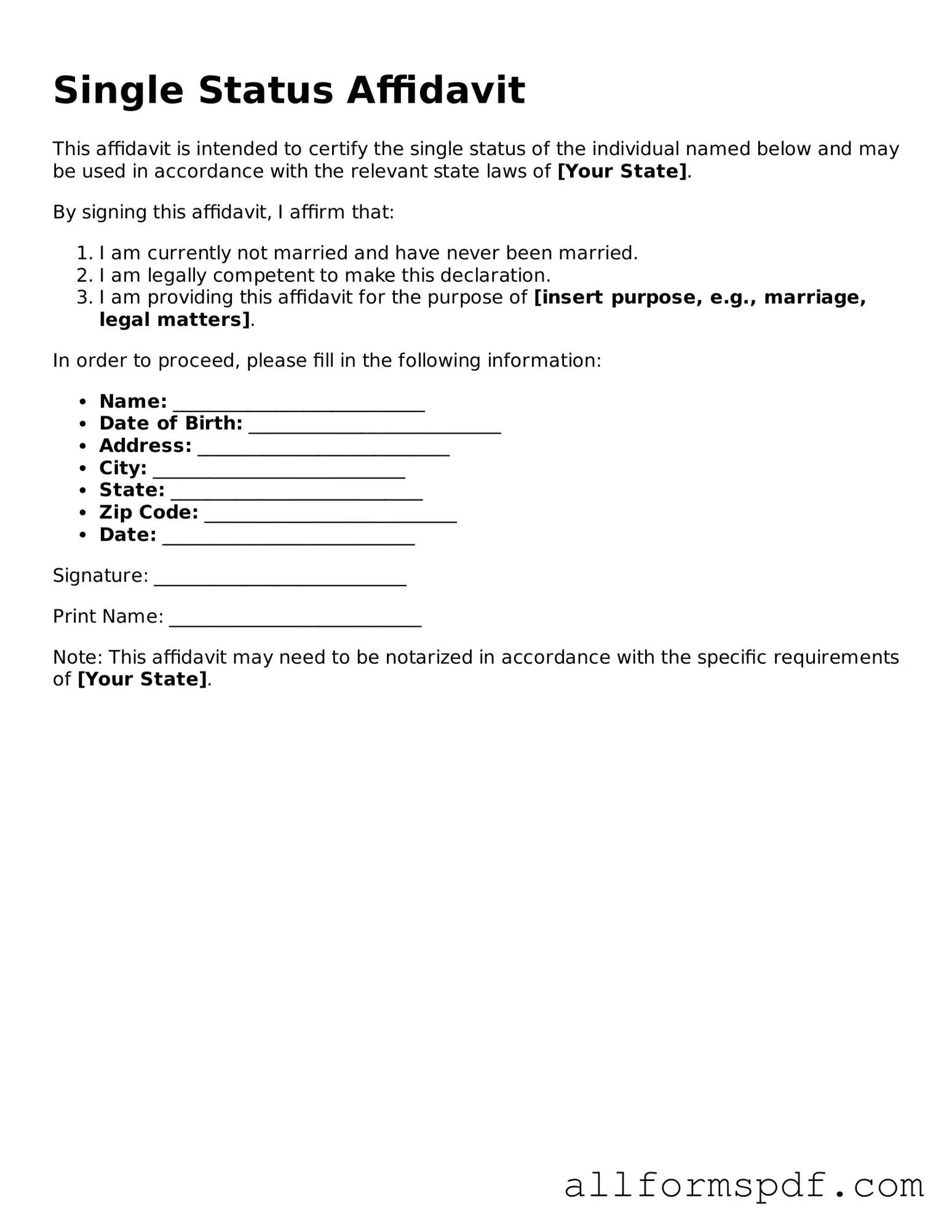 Printable Single Status Affidavit Form