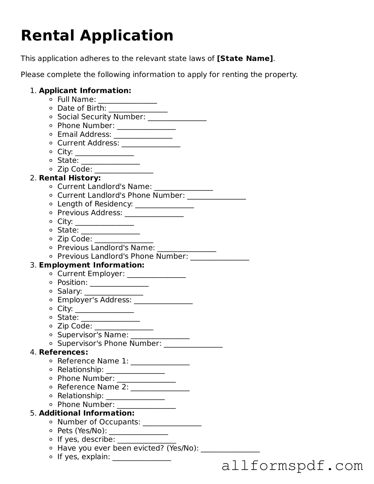 Printable Rental Application Form
