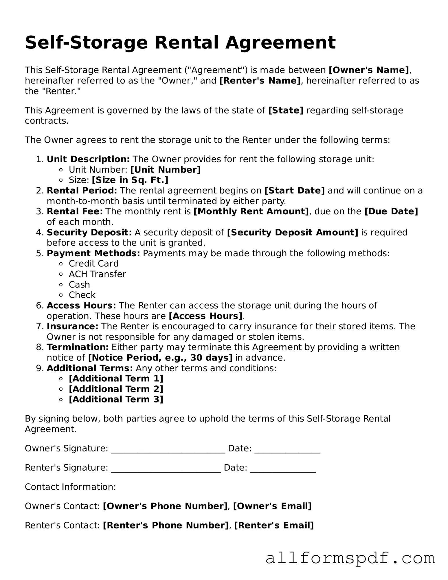 Printable Self-Storage Rental Agreement Form