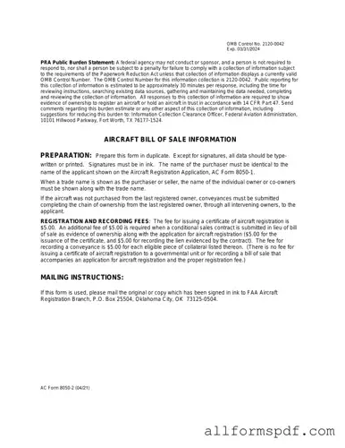 Fill Out Your Aircraft Bill of Sale AC 8050-2 Form