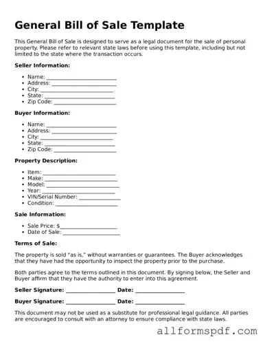 Printable General Bill of Sale Form