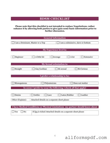 Fill Out Your Bdsm Checklist Form