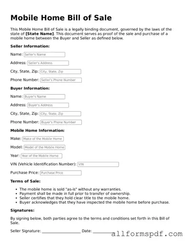 Printable Mobile Home Bill of Sale Form