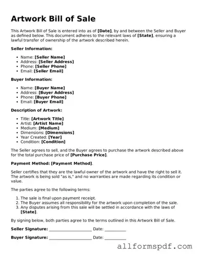 Printable Artwork Bill of Sale Form