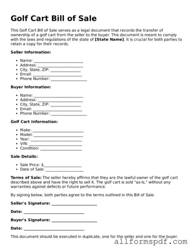 Printable Golf Cart Bill of Sale Form