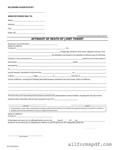 Fill Out Your California Death of a Joint Tenant Affidavit Form