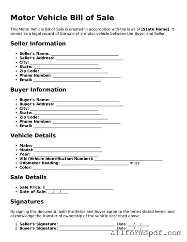 Printable Motor Vehicle Bill of Sale Form