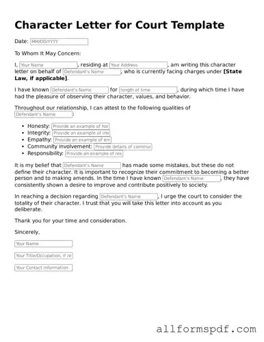 Printable Character Letter for Court Form