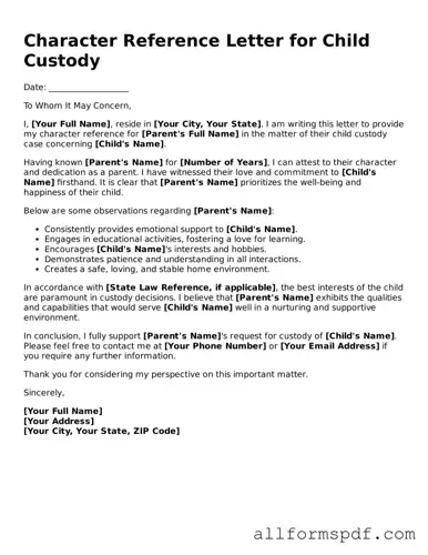 Printable Character Reference Letter for Child Custody Form