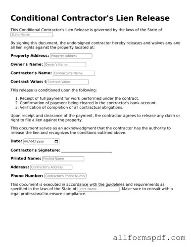 Printable Conditional Contractor’s Lien Release Form