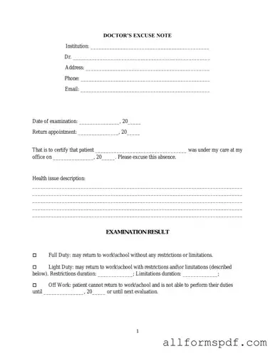 Fill Out Your Doctors Excuse Note Form