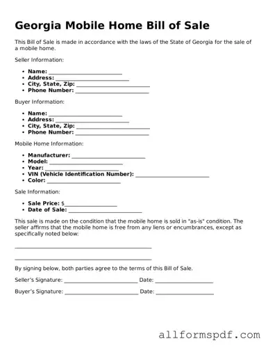 Fillable  Mobile Home Bill of Sale Form for Georgia