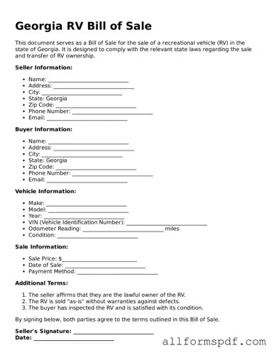 Fillable  RV Bill of Sale Form for Georgia