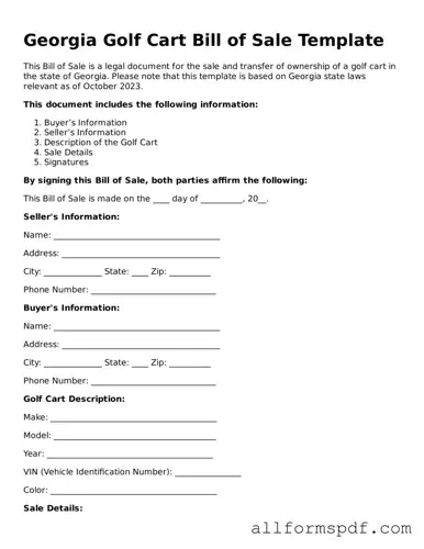 Fillable  Golf Cart Bill of Sale Form for Georgia