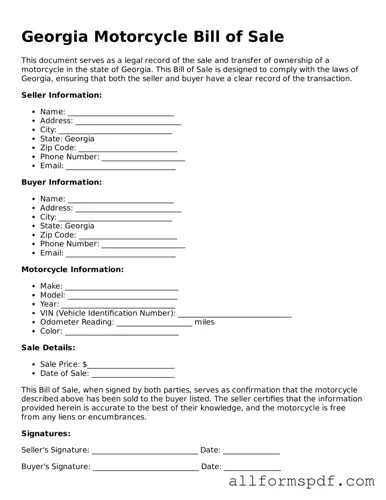 Fillable  Motorcycle Bill of Sale Form for Georgia
