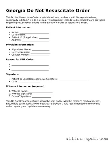 Fillable  Do Not Resuscitate Order Form for Georgia
