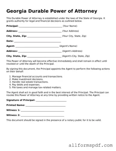 Fillable  Durable Power of Attorney Form for Georgia