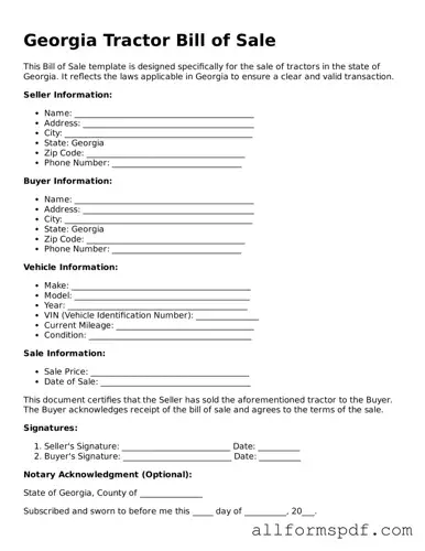 Fillable  Tractor Bill of Sale Form for Georgia