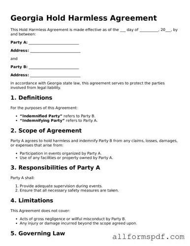 Fillable  Hold Harmless Agreement Form for Georgia