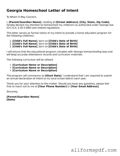 Fillable  Homeschool Letter of Intent Form for Georgia
