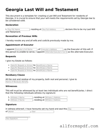 Fillable  Last Will and Testament Form for Georgia