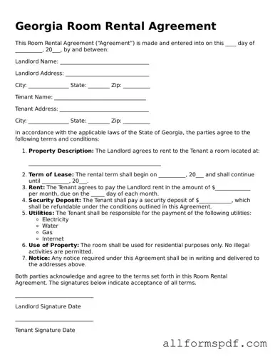 Fillable  Room Rental Agreement Form for Georgia