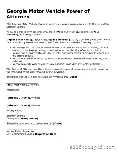 Fillable  Motor Vehicle Power of Attorney Form for Georgia