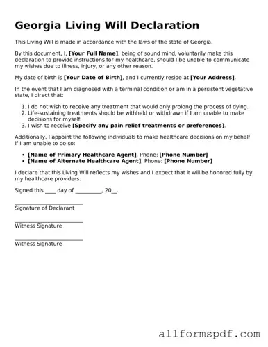 Fillable  Living Will Form for Georgia