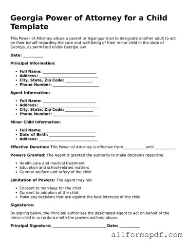 Fillable  Power of Attorney for a Child Form for Georgia