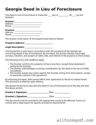 Fillable  Deed in Lieu of Foreclosure Form for Georgia