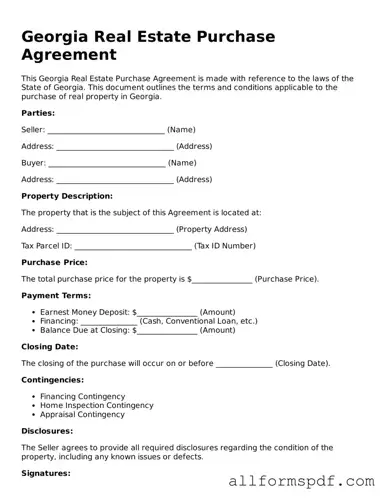 Fillable  Real Estate Purchase Agreement Form for Georgia