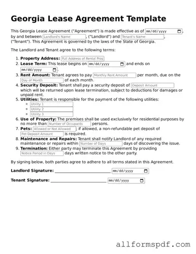 Fillable  Lease Agreement Form for Georgia