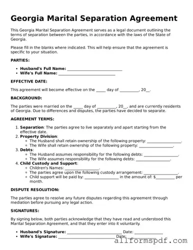 Fillable  Marital Separation Agreement Form for Georgia