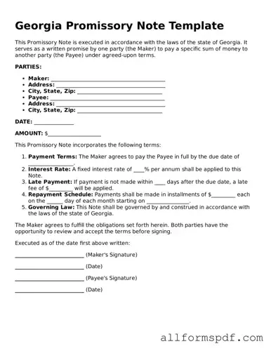 Fillable  Promissory Note Form for Georgia