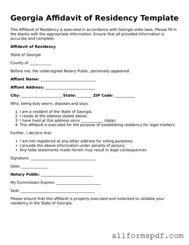 Fillable  Affidavit of Residency Form for Georgia