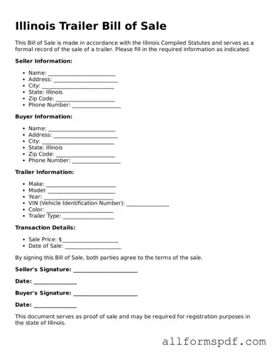 Fillable  Trailer Bill of Sale Form for Illinois