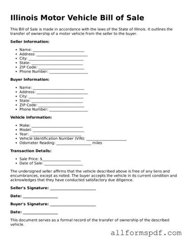 Fillable  Motor Vehicle Bill of Sale Form for Illinois
