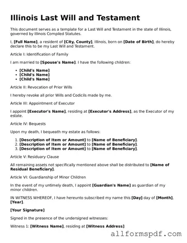Fillable  Last Will and Testament Form for Illinois