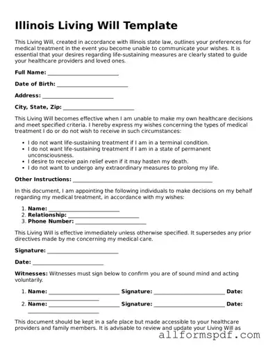 Fillable  Living Will Form for Illinois