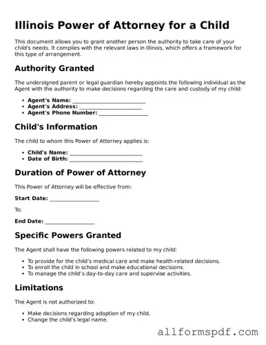 Fillable  Power of Attorney for a Child Form for Illinois