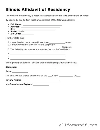 Fillable  Affidavit of Residency Form for Illinois