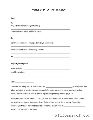 Fill Out Your Intent To Lien Florida Form