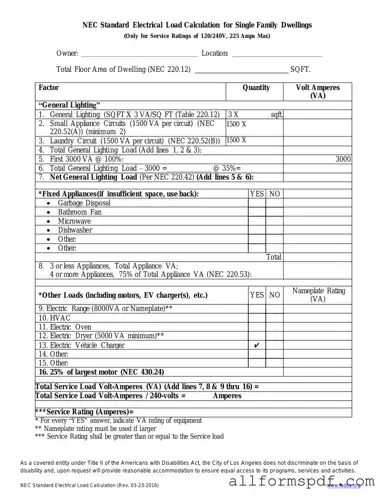 Fill Out Your LADBS NEC Standard Electrical Load Calculation Form