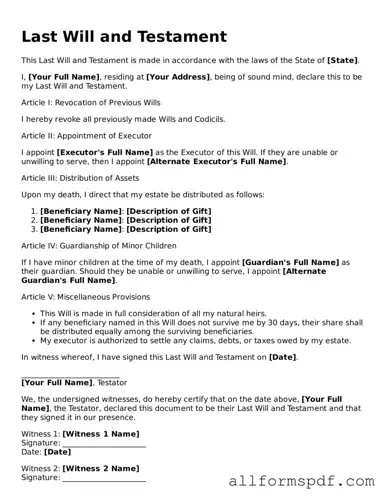 Printable Last Will and Testament Form