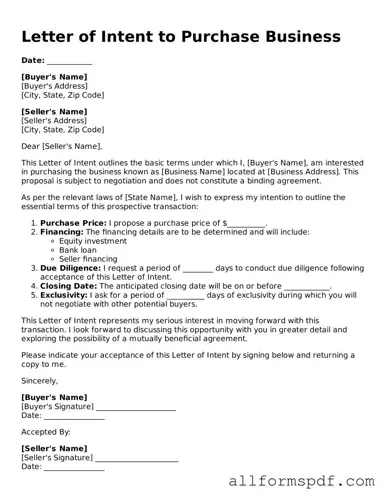 Printable Letter of Intent to Purchase Business Form